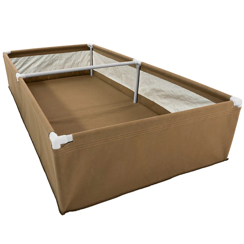 Grassroots Living Soil Bed rectangular model - durable tan fabric raised garden bed with integrated support frame and aeration strips.