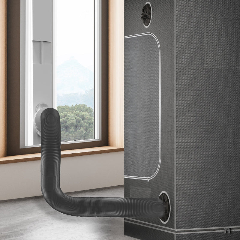 Window duct kit installation showing flexible ducting connected between grow tent and window vent port - professional ventilation solution for indoor growing.