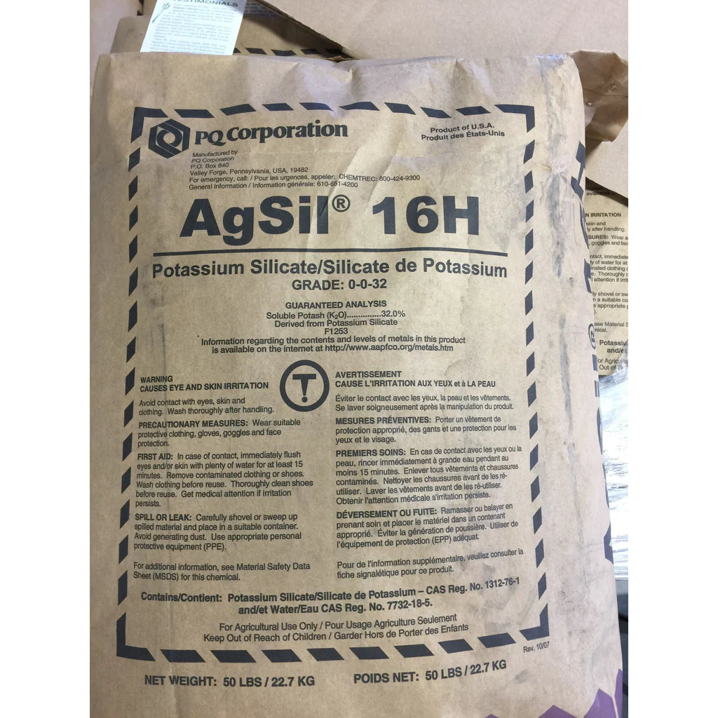 AgSil 16H Potassium Silicate 0-0-32 grade fertilizer by PQ Corporation - professional grade soluble silica supplement for agricultural use.