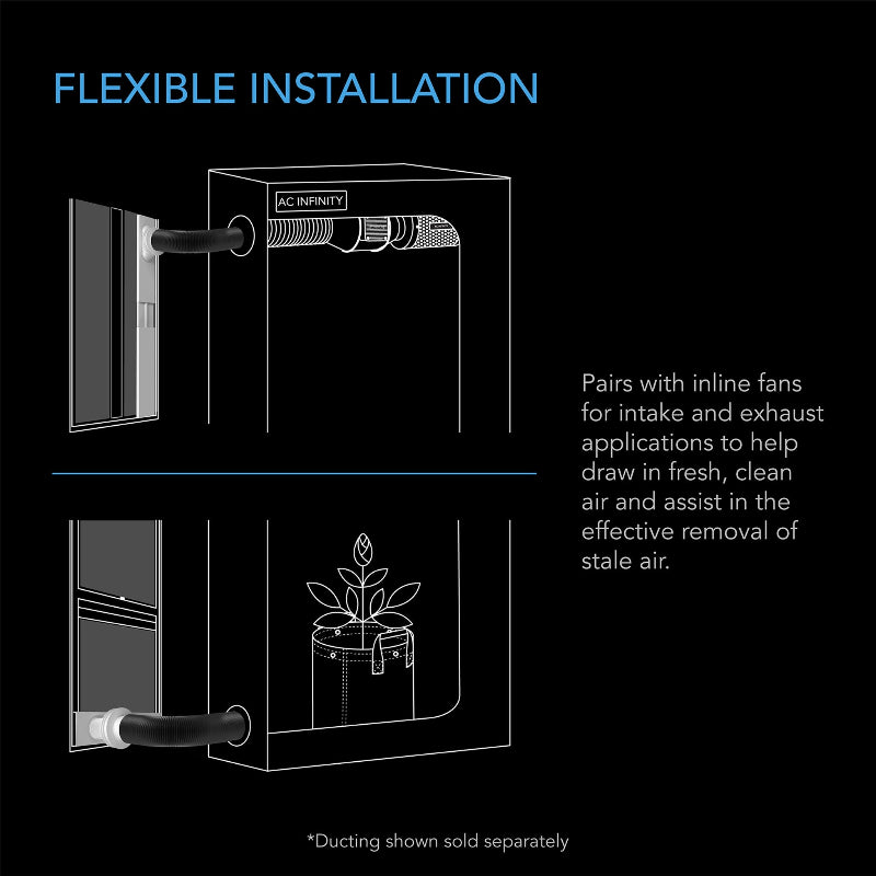 Window duct kit installation diagram showing dual setup options for intake and exhaust ventilation - compatible with inline fans for effective air circulation.