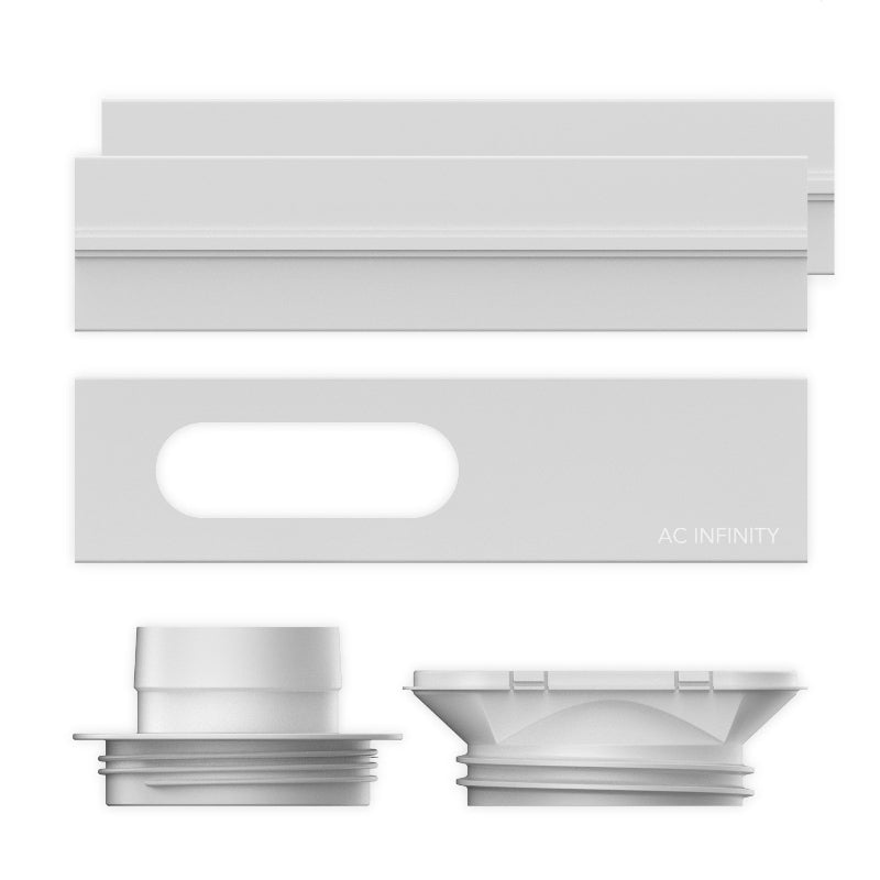 Window duct kit components layout showing adjustable mounting plates, vent port adapters and connection fittings - complete AC Infinity ventilation system parts.