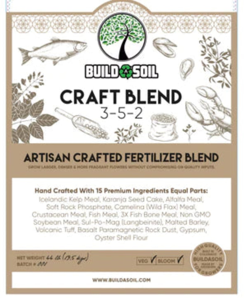 BuildASoil Craft Blend 3-5-2 artisanal fertilizer featuring 15 premium organic ingredients including kelp meal, seed cakes, and mineral amendments.