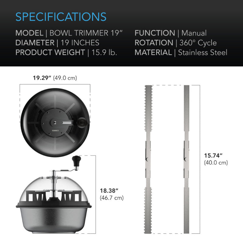 Product specification illustration showing 19-inch trimmer dimensions, stainless steel blade details, and assembly measurements with metric conversions.