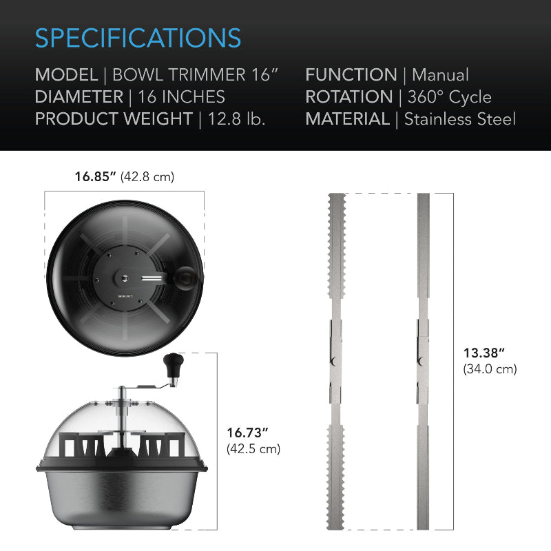 Professional 16" bud bowl trimmer specifications diagram with detailed measurements and blade. configurations