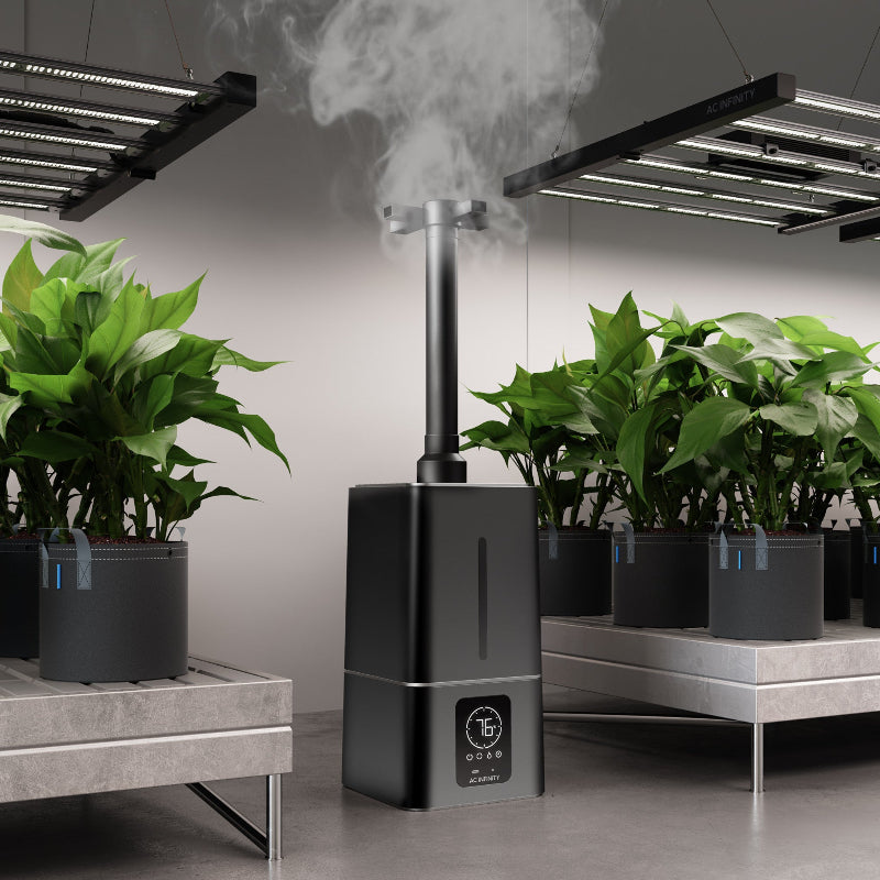 AC Infinity CLOUDFORGE T7 15L plant humidifier shown in professional growing environment with targeted vapor distribution system and smart digital controls for optimal plant moisture management.