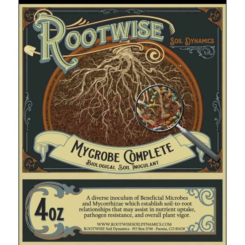 Rootwise Mycrobe Complete biological soil inoculant with beneficial microbes and mycorrhizae for enhanced plant growth and root development.