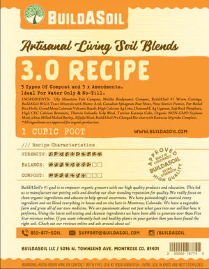 BuildASoil 3.0 Recipe artisanal living soil blend with organic ingredients and growing characteristics chart for sustainable gardening.