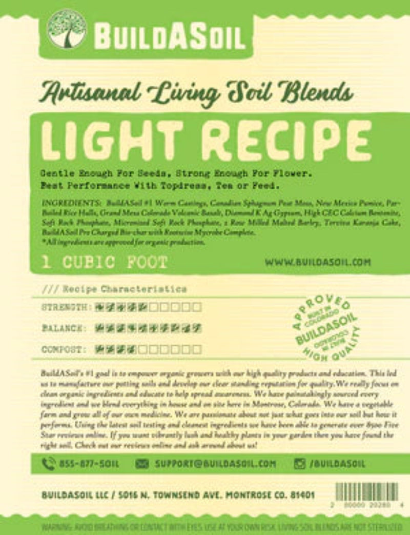 BuildASoil Light Recipe artisanal living soil blend with organic ingredients and characteristics chart for sustainable plant cultivation.