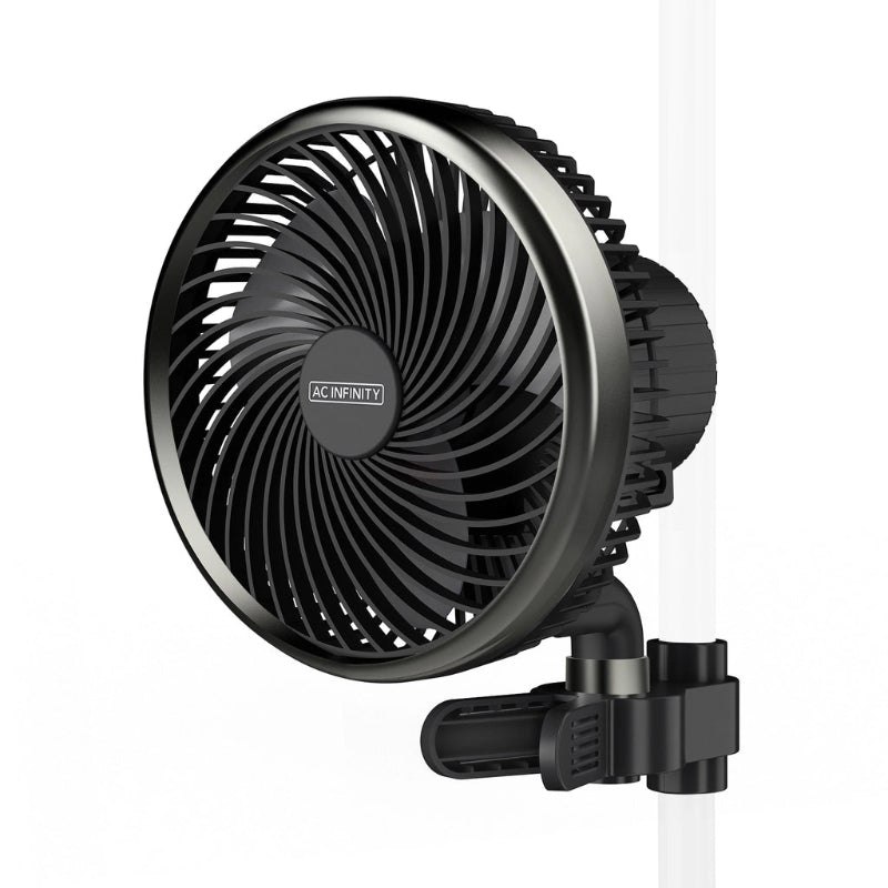 Cloudray S6 professional 6-inch clip fan featuring matte black finish, spiral blade design, and heavy-duty mounting clip for grow tent applications