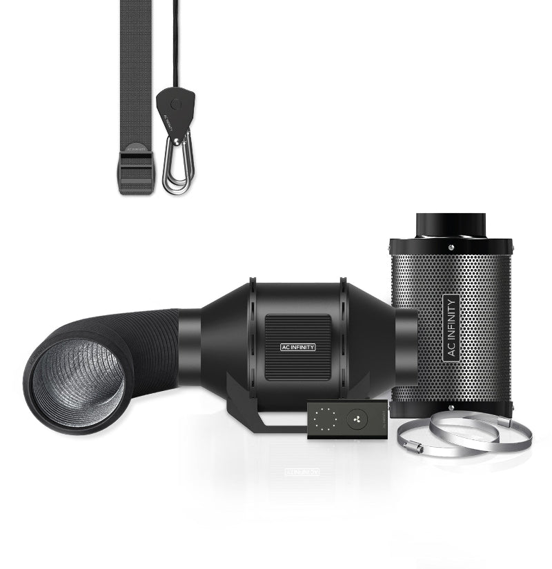 Complete 4-inch air filtration kit components including AC Infinity inline fan, carbon filter, flexible ducting, mounting hardware and smart controller - professional ventilation system.