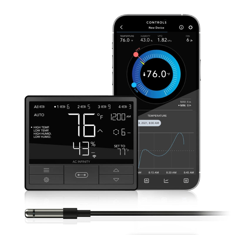 AC Infinity CTR69X Smart Controller with digital display and mobile app interface showing real-time temperature and humidity monitoring with sensor probe.