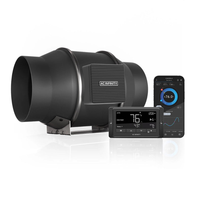 CLOUDLINE T6 6-inch inline duct fan system with smart controller and mobile app integration for comprehensive climate control.
