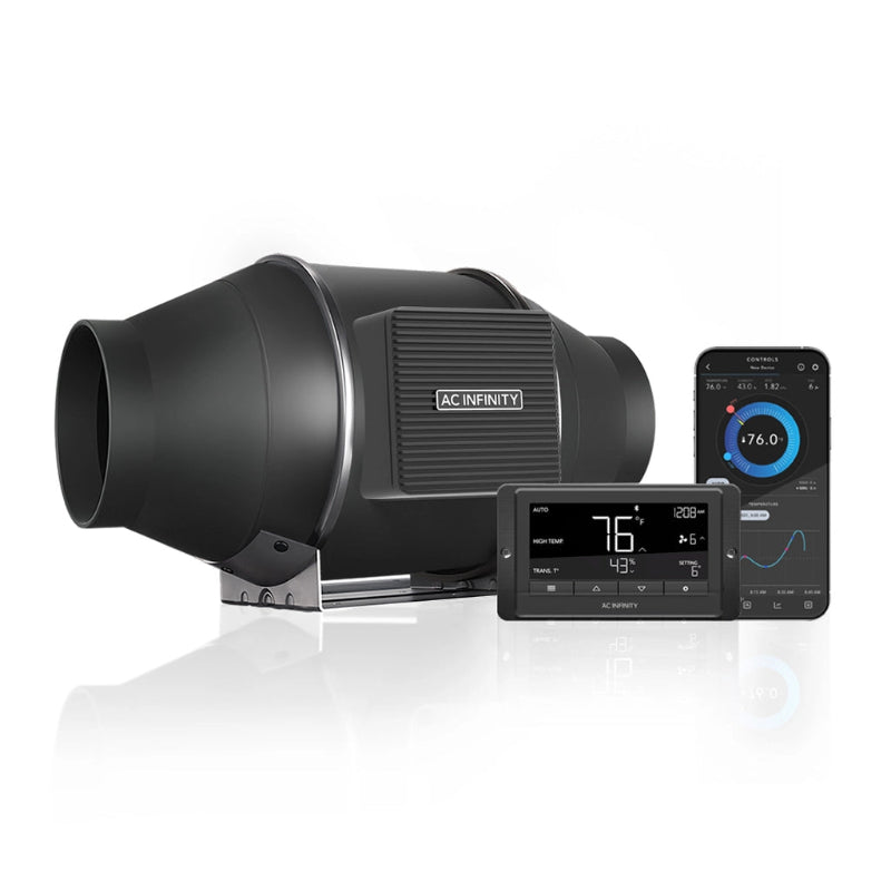 AC Infinity CLOUDLINE T4 inline duct fan displayed with digital controller interface and mobile climate monitoring app.