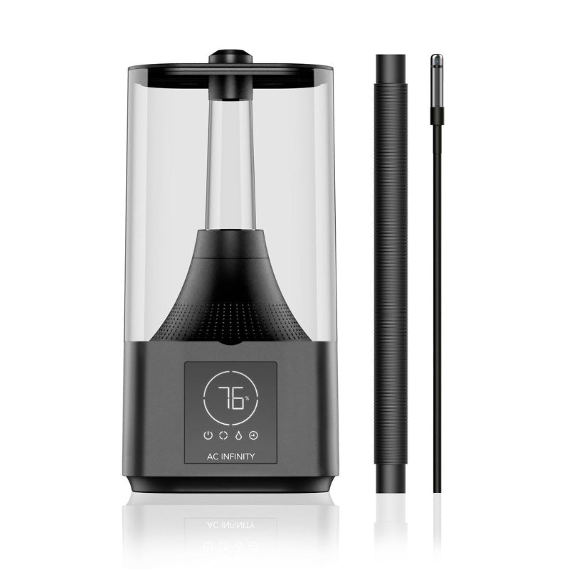 AC Infinity CLOUDFORGE T3 4.5L plant humidifier shown with digital display interface and included humidity sensor probe and flexible hose accessories.