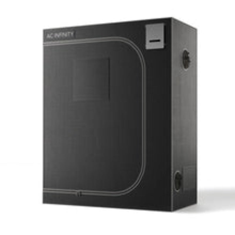 A large black rectangular AC Infinity grow tent with a minimalistic design and a white outline, featuring vent openings on the side and a square patch near the top front.