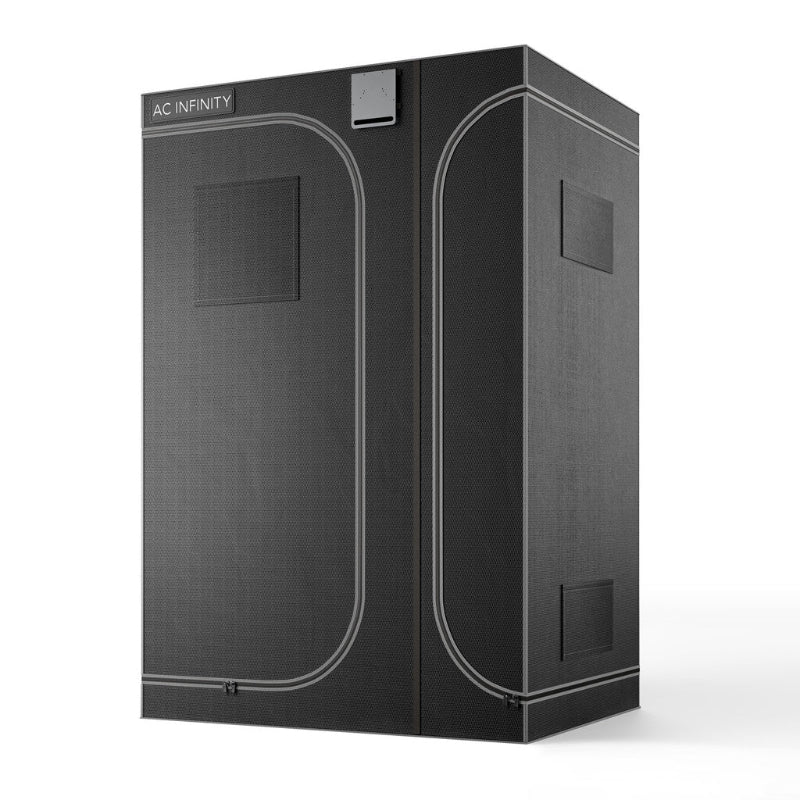 Professional dual-chamber grow tent in sleek dark gray exterior with curved corner design, featuring observation windows and ventilation ports against white background, showcasing modern industrial aesthetic and quality construction.