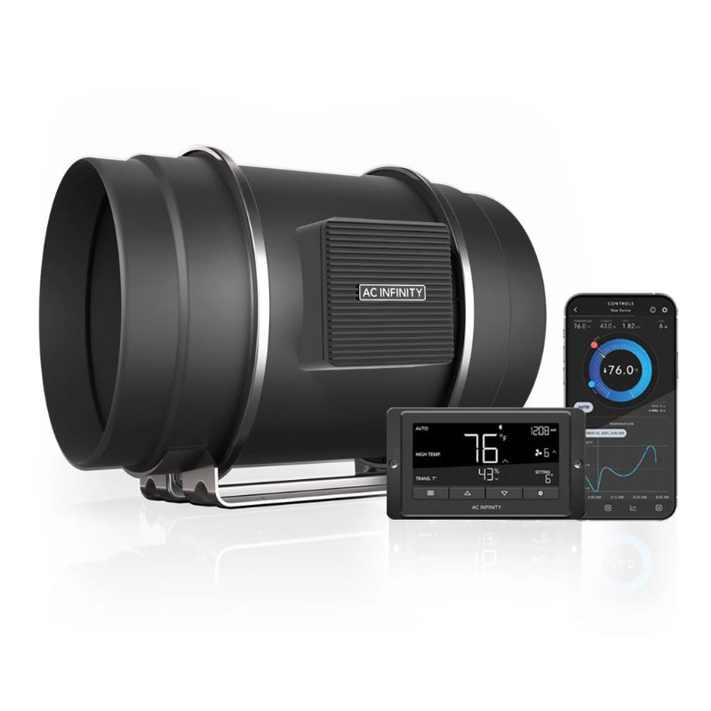 AC Infinity CLOUDLINE T8 inline duct fan with temperature and humidity monitoring system and mobile app control.