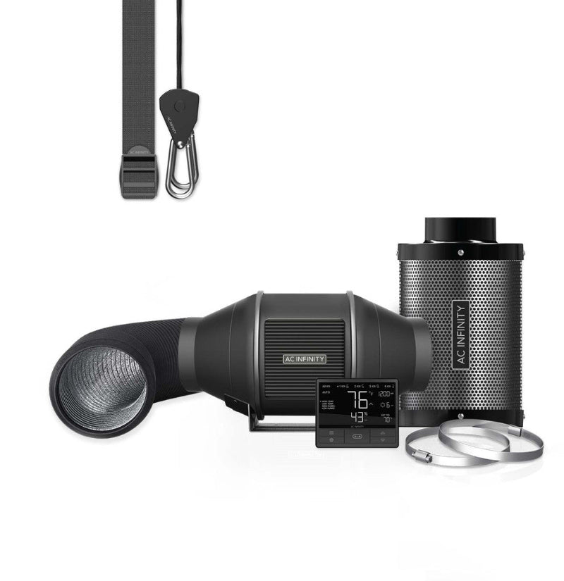 Professional air filtration combo showing AC Infinity 4-inch fan, filter, ducting and mounting accessories.