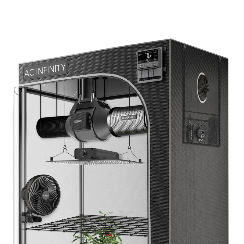 AC Infinity 2x2 grow tent kit displaying professional equipment setup with digital environmental controls and ventilation system.