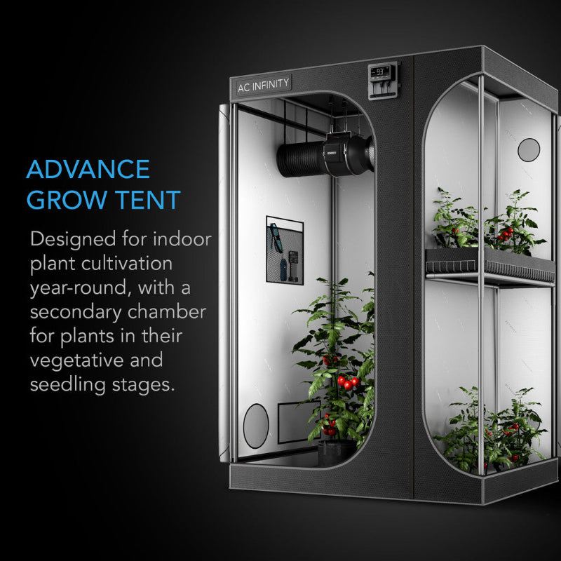 CloudLab 632D 2-in-1 advance grow tent with dual chambers, featuring 2000D Mylar canvas and ventilation system, shown with active plant cultivation.
