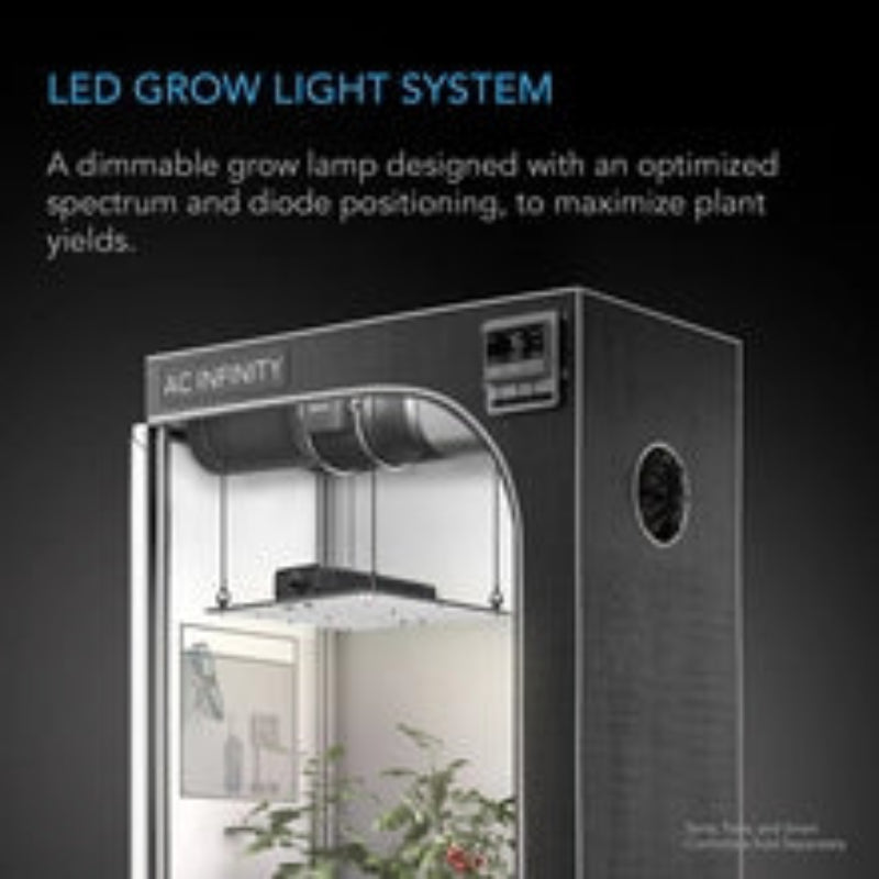 IONBOARD S22 100W LED grow light with dimmable spectrum control demonstrated in professional grow tent setup.