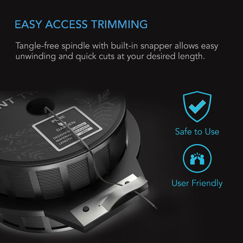 100M plant twist ties dispenser with integrated cutting tool - featuring tangle-free spindle and safe, user-friendly snapper design.