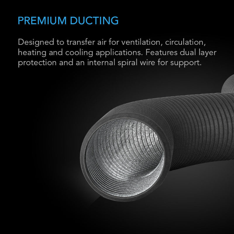 AC Infinity 4-inch premium ducting showing internal aluminum foil lining and spiral wire support - professional-grade flexible duct for ventilation and climate control.