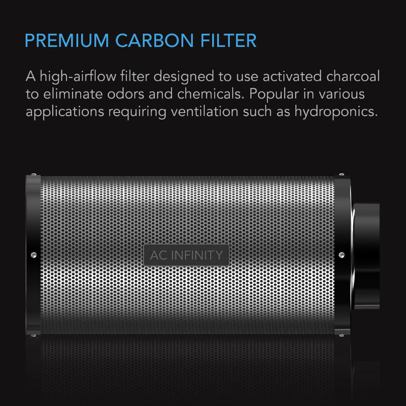 AC Infinity 4-inch premium duct carbon filter featuring high-airflow design and Australian activated charcoal for efficient odor and chemical elimination in hydroponic ventilation systems.