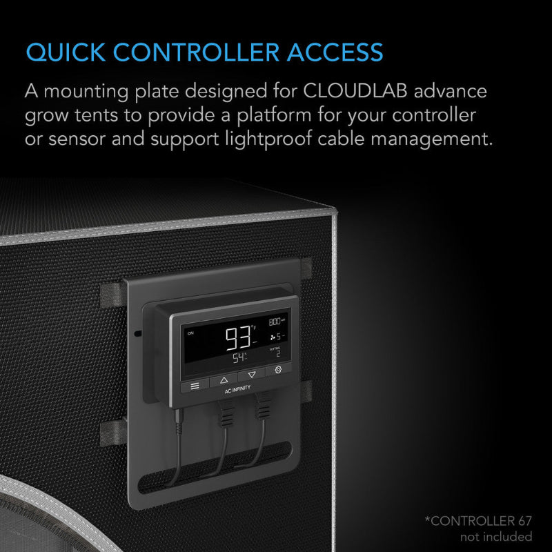 5x6-inch black powder-coated steel mounting plate for CLOUDLAB grow tents featuring integrated controller platform and lightproof cable management system.