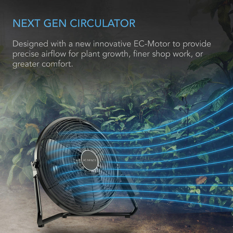 CLOUDLIFT S12 wireless fan with illustrated airflow patterns showing targeted plant circulation, featuring modern industrial design and versatile mounting options.