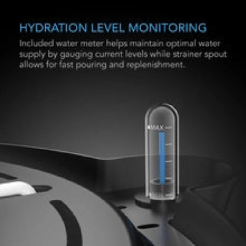 Self-watering fabric pot base featuring transparent water meter for easy monitoring and quick-fill strainer spout design.