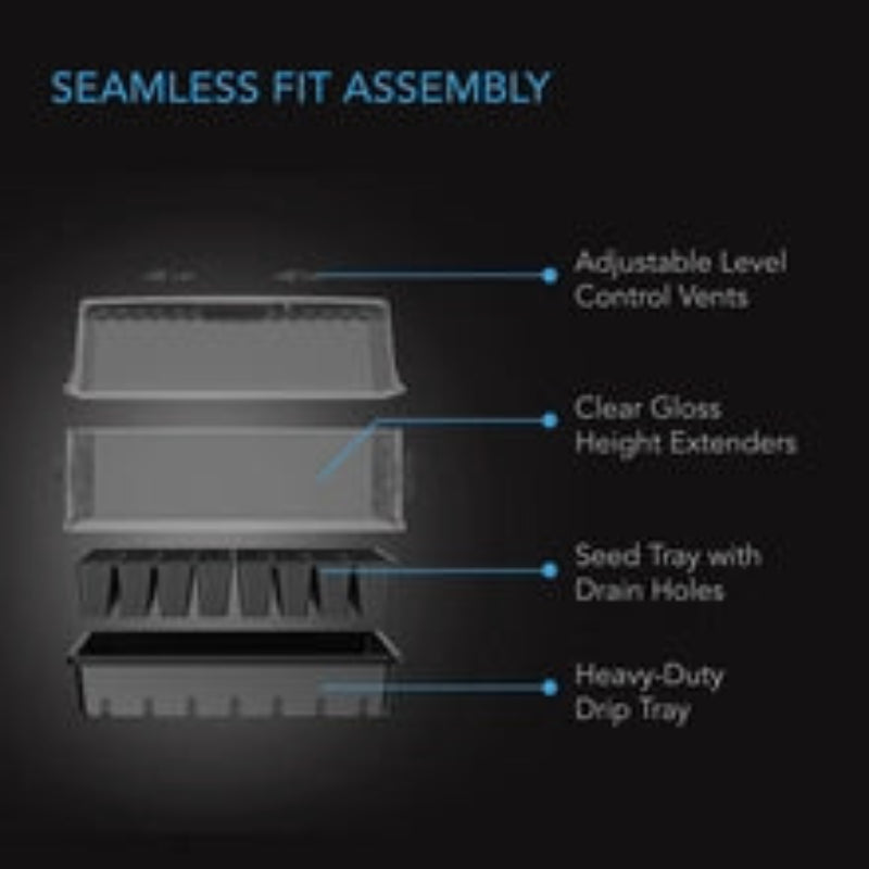 Professional humidity dome propagation kit diagram showing adjustable vents, clear glass height extenders, seed tray, and heavy-duty drip tray components.