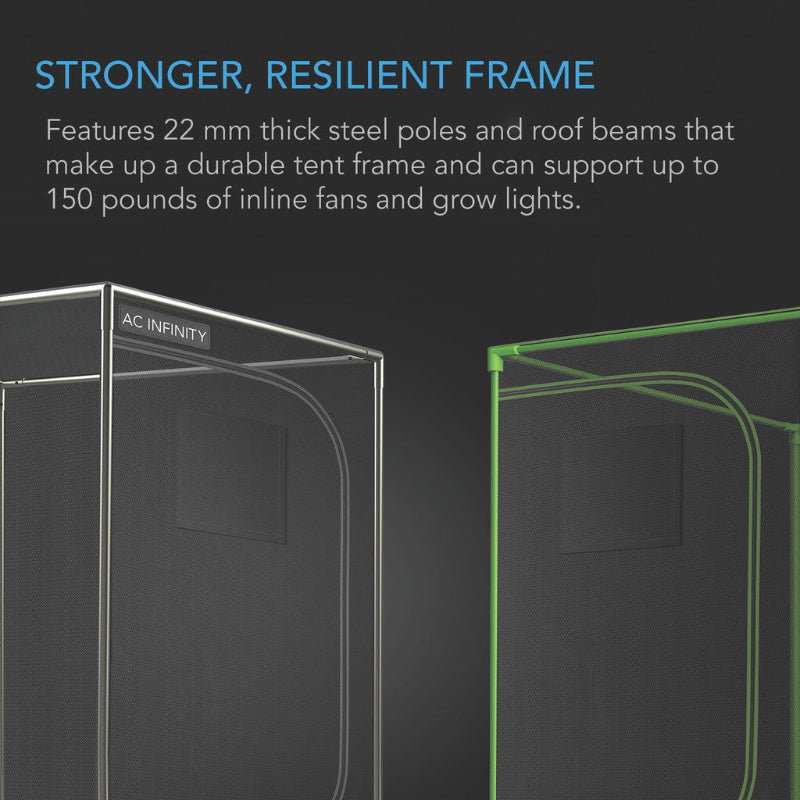 Structural diagram of CLOUDLAB 743D dual-chamber grow tent's heavy-duty frame system with 22mm steel components, demonstrating professional-grade construction for 4x3 growing space.