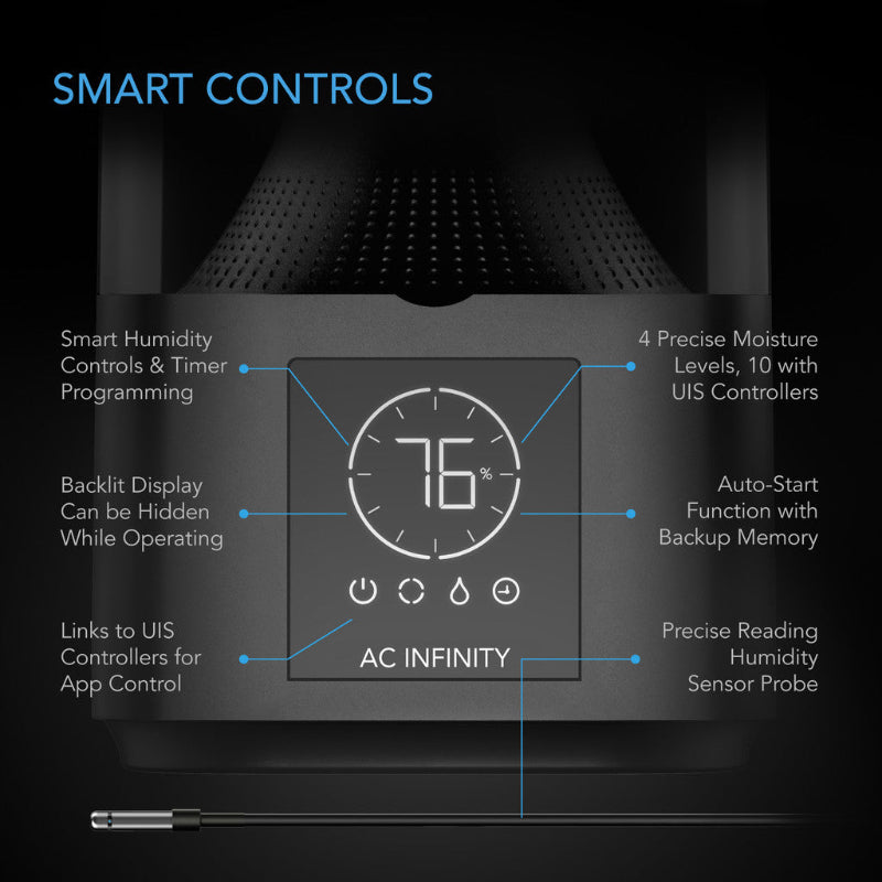 AC Infinity CLOUDFORGE T3 plant humidifier featuring smart control panel with backlit display, timer programming, and precise humidity sensor probe for automated moisture management.