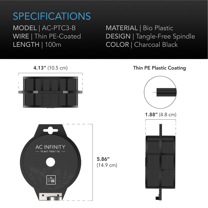 Technical specifications of AC-PTC3-B plant twist ties - 100 meter PE-coated wire in compact dispenser with integrated cutter.