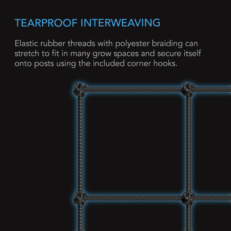 Tearproof elastic netting with polyester braiding and corner hooks, featuring blue-highlighted grid pattern on black background.