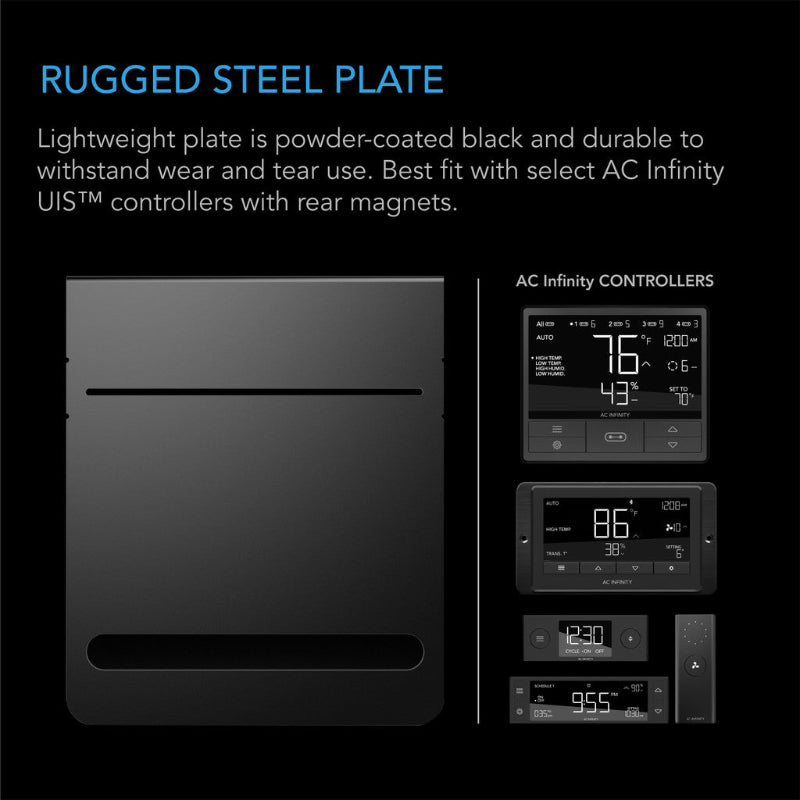 5x6-inch rugged steel mounting plate with black powder coating designed for AC Infinity UIS controllers featuring magnetic compatibility and durable construction for grow tent installations.