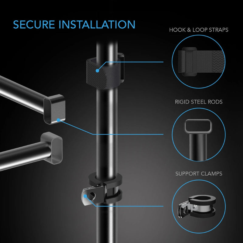 Detailed view of 4x4 mounting bar assembly showing three-part installation system with straps, steel construction, and reinforced clamps.