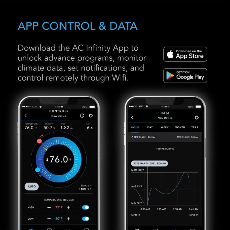 AC Infinity CTR69X Smart Controller featuring WiFi-enabled mobile app with real-time climate monitoring and advanced programming capabilities.