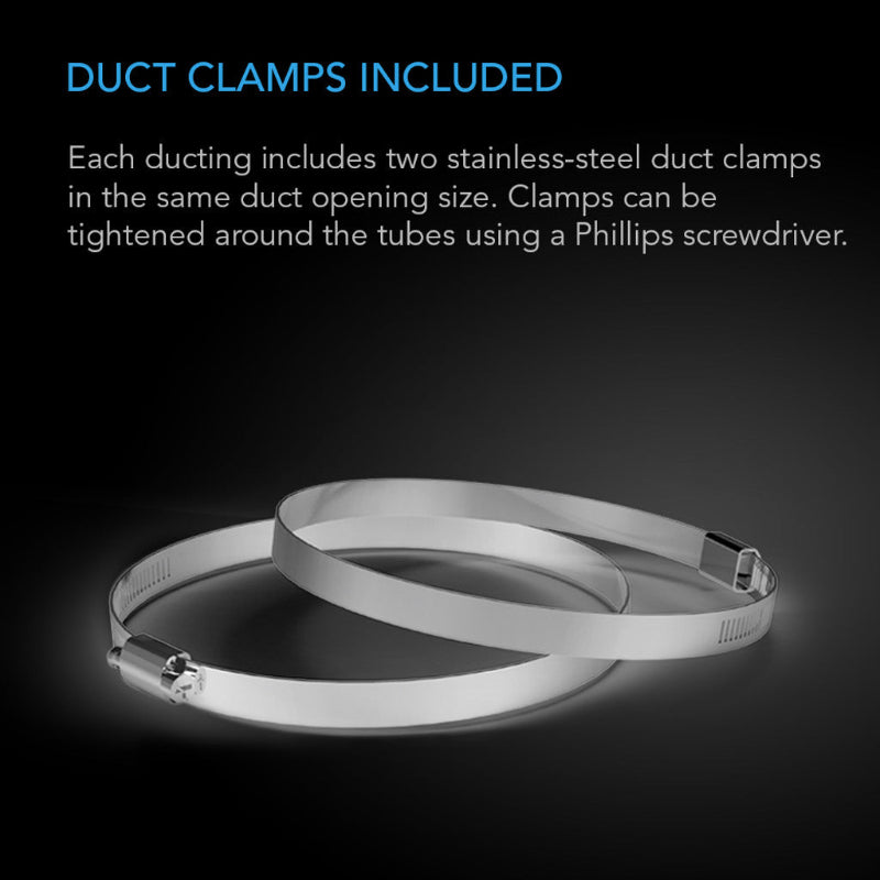 Stainless steel duct clamps included with AC Infinity 4-inch flexible ducting - professional mounting hardware for secure ventilation connections.