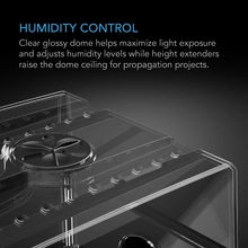Humidity dome propagation kit with adjustable vents and height extension system for precise humidity control and plant growth.