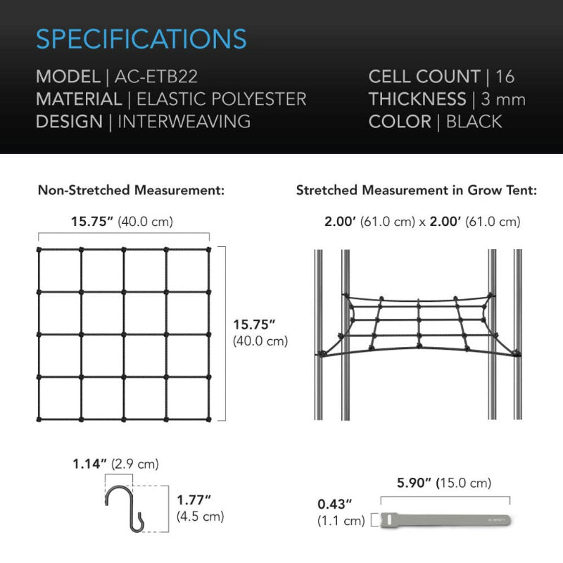Technical specifications diagram for 2x2 grow tent mounting bars showing dimensions, measurements, and installation configurations.