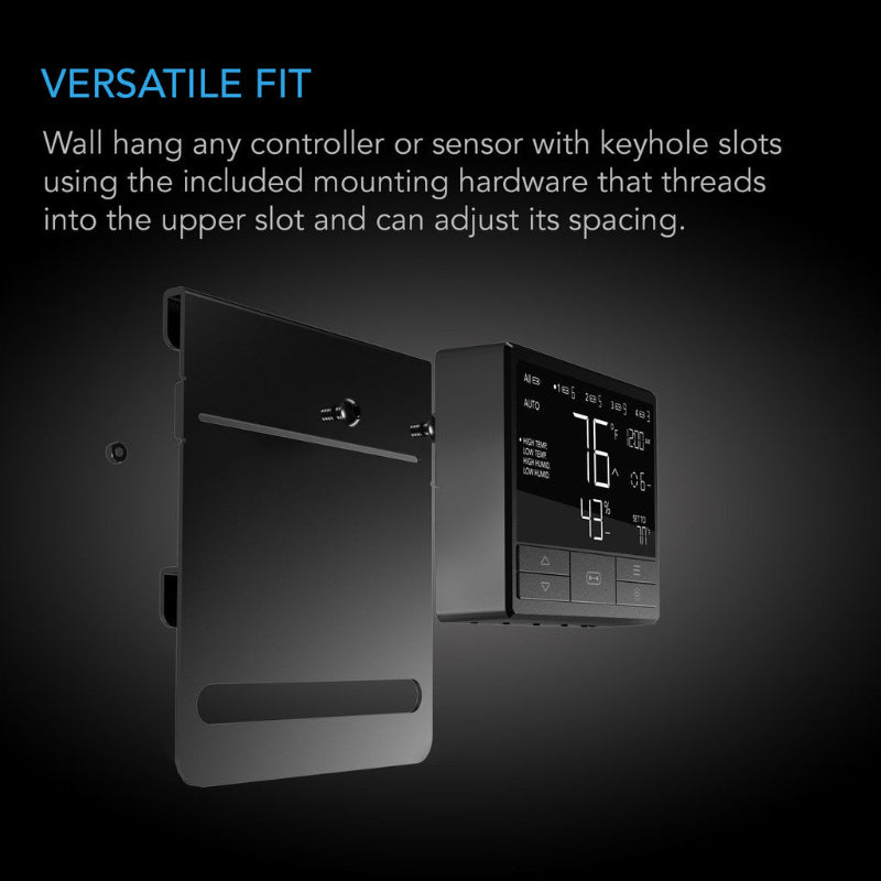 5x6-inch steel mounting plate featuring adjustable keyhole slots and included hardware for versatile controller and sensor installation in grow tent environments.