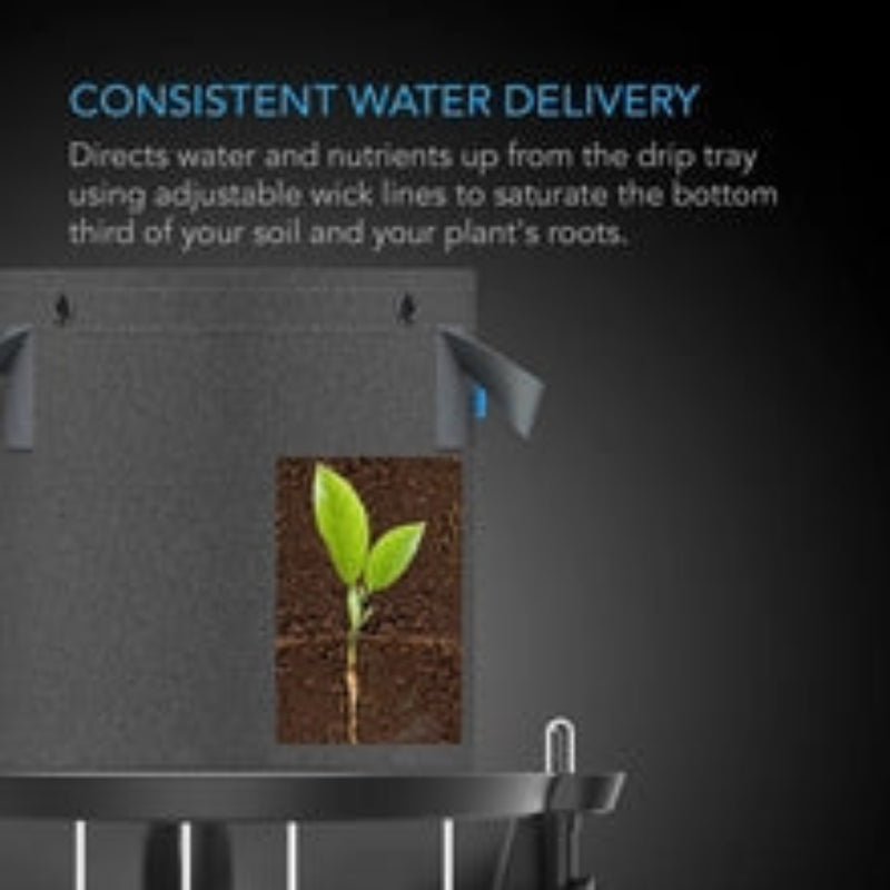 Self-watering fabric pot base featuring adjustable wick system for consistent water and nutrient delivery to plant roots.