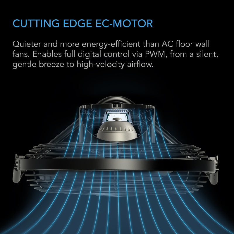 Cross-section view of CLOUDLIFT S12's EC-Motor technology with visualized blue airflow patterns, demonstrating the 12-inch fan's efficient air distribution and PWM digital control capabilities, from gentle breeze to high-velocity settings.