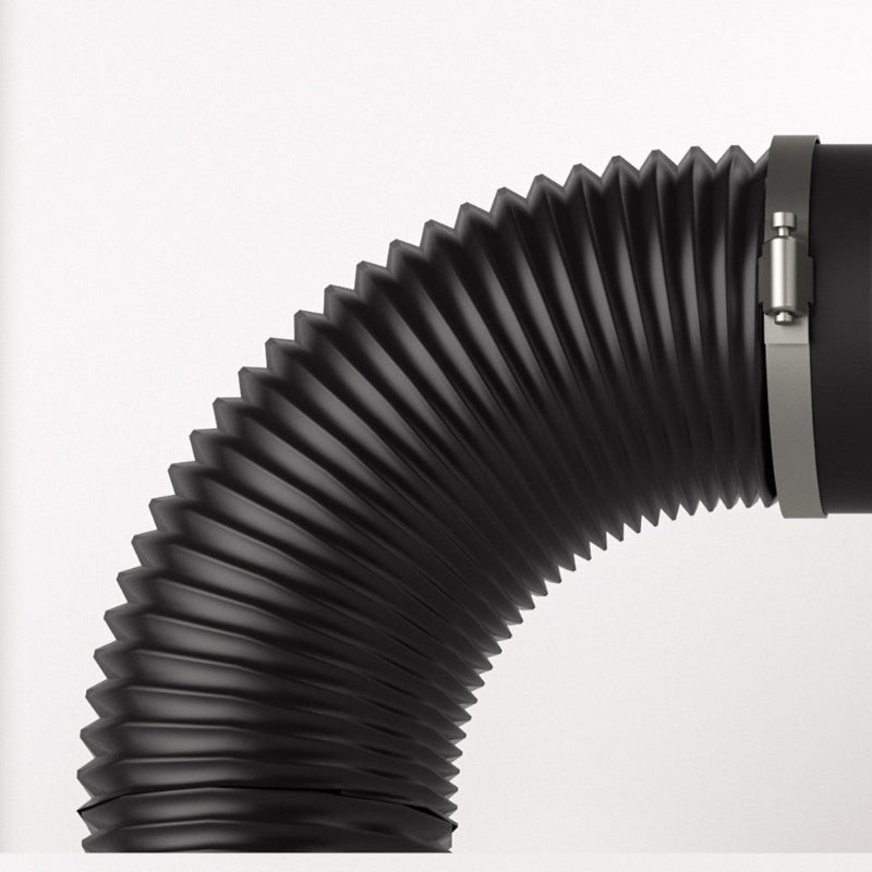 AC Infinity 4-inch flexible ducting close-up showing accordion-style construction and durable black finish with metal clamp connection.