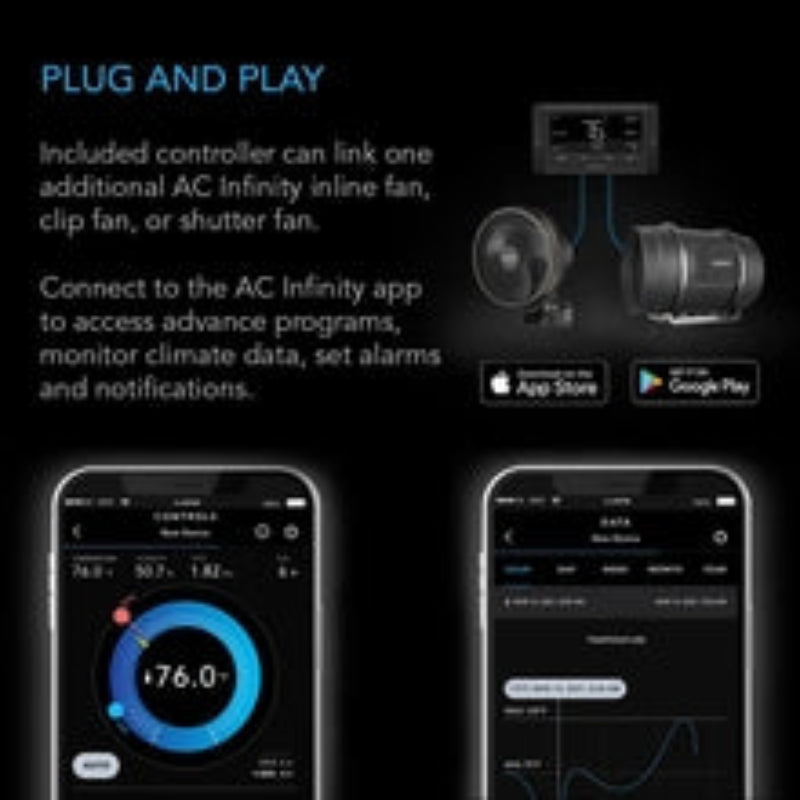 CLOUDLINE T8 8-inch inline duct fan featuring smart controller integration with mobile app monitoring and multi-device compatibility.
