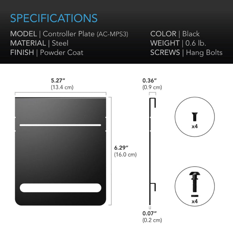 5x6-inch steel mounting plate specifications showing 5.27" × 6.29" dimensions, powder coat black finish, and included mounting hardware with detailed measurements for grow tent controller installation.