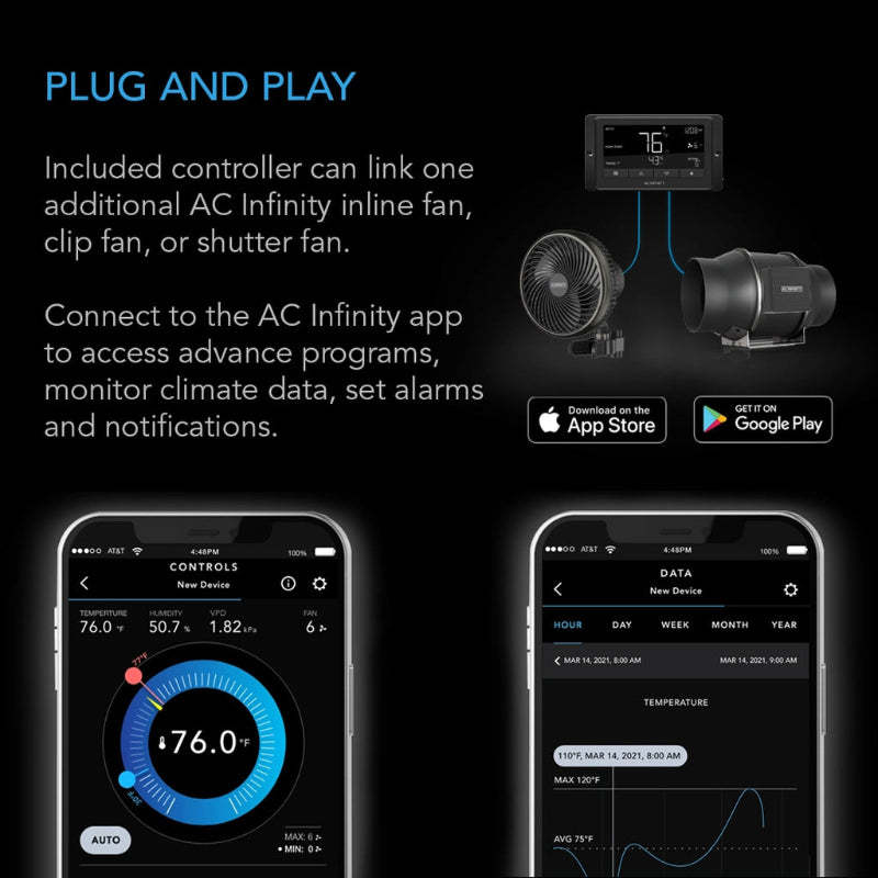 AC Infinity fan system showcasing plug-and-play connectivity with controller interface and smartphone climate monitoring.
