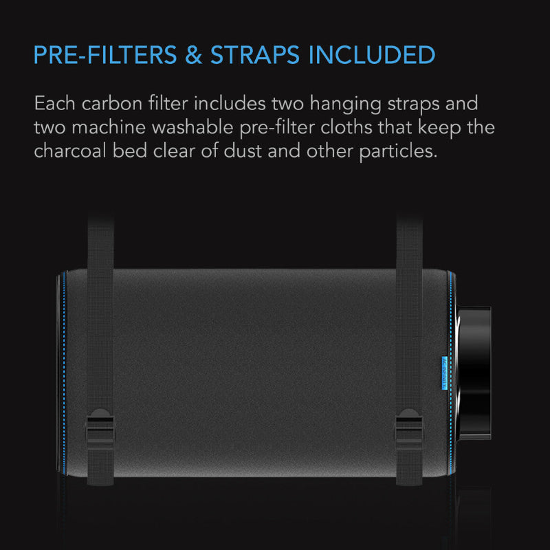AC Infinity 4-inch duct carbon filter featuring included mounting straps and machine-washable pre-filter cloths for protecting Australian charcoal bed from dust and particulates.